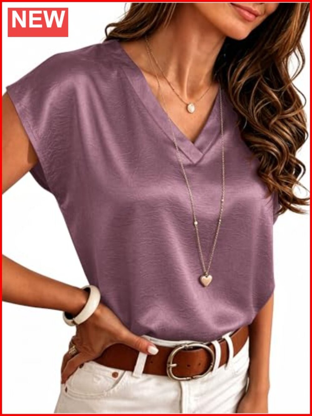 RUMIA Satin Blouse Women V Neck Cap Sleeve Dressy Casual Work Summer Top